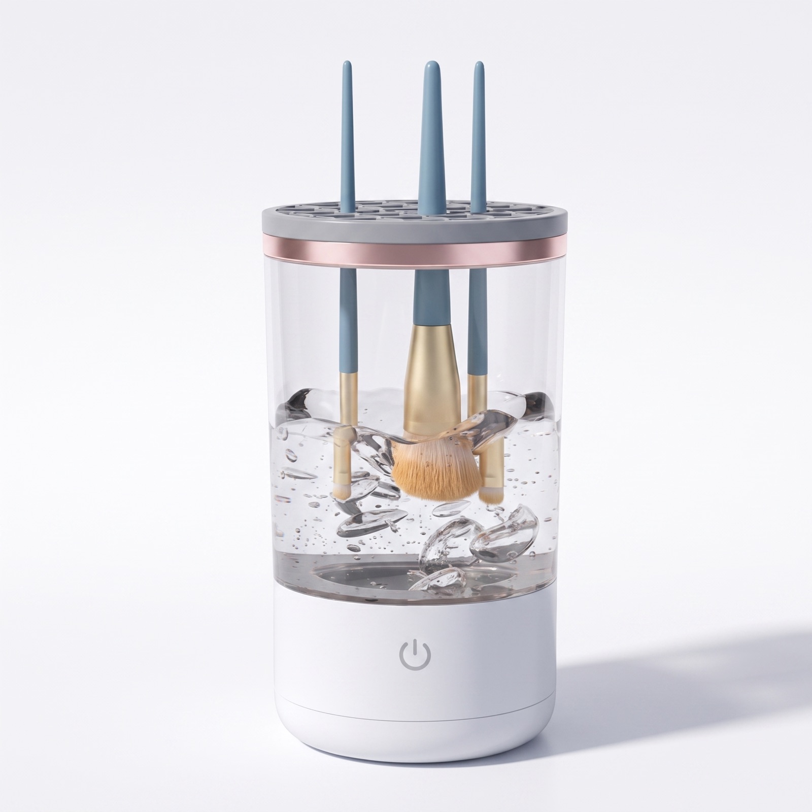Electric makeup brush cleaner with brushes standing in the rinse chamber