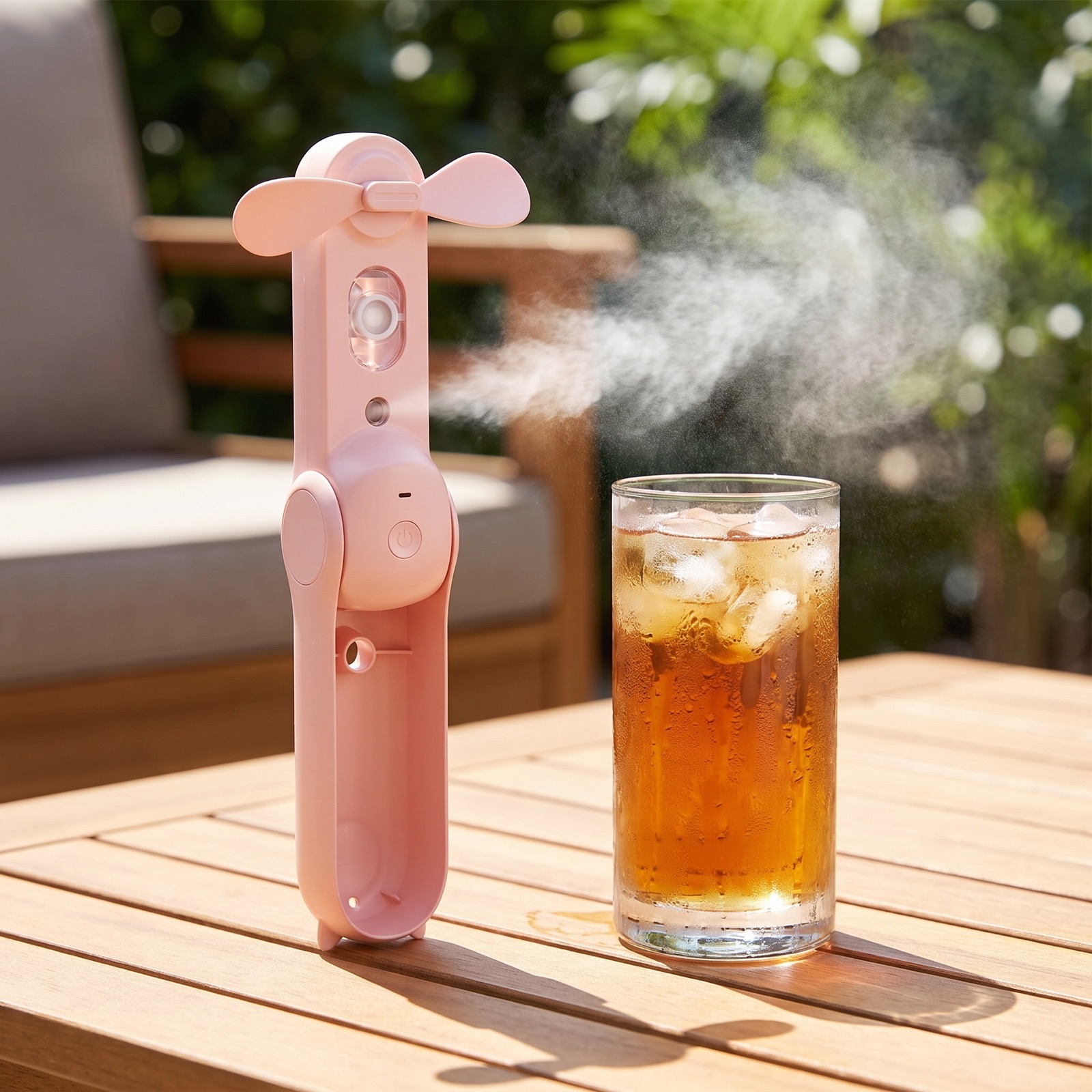 Portable pink misting fan spraying a fine mist beside an iced tea