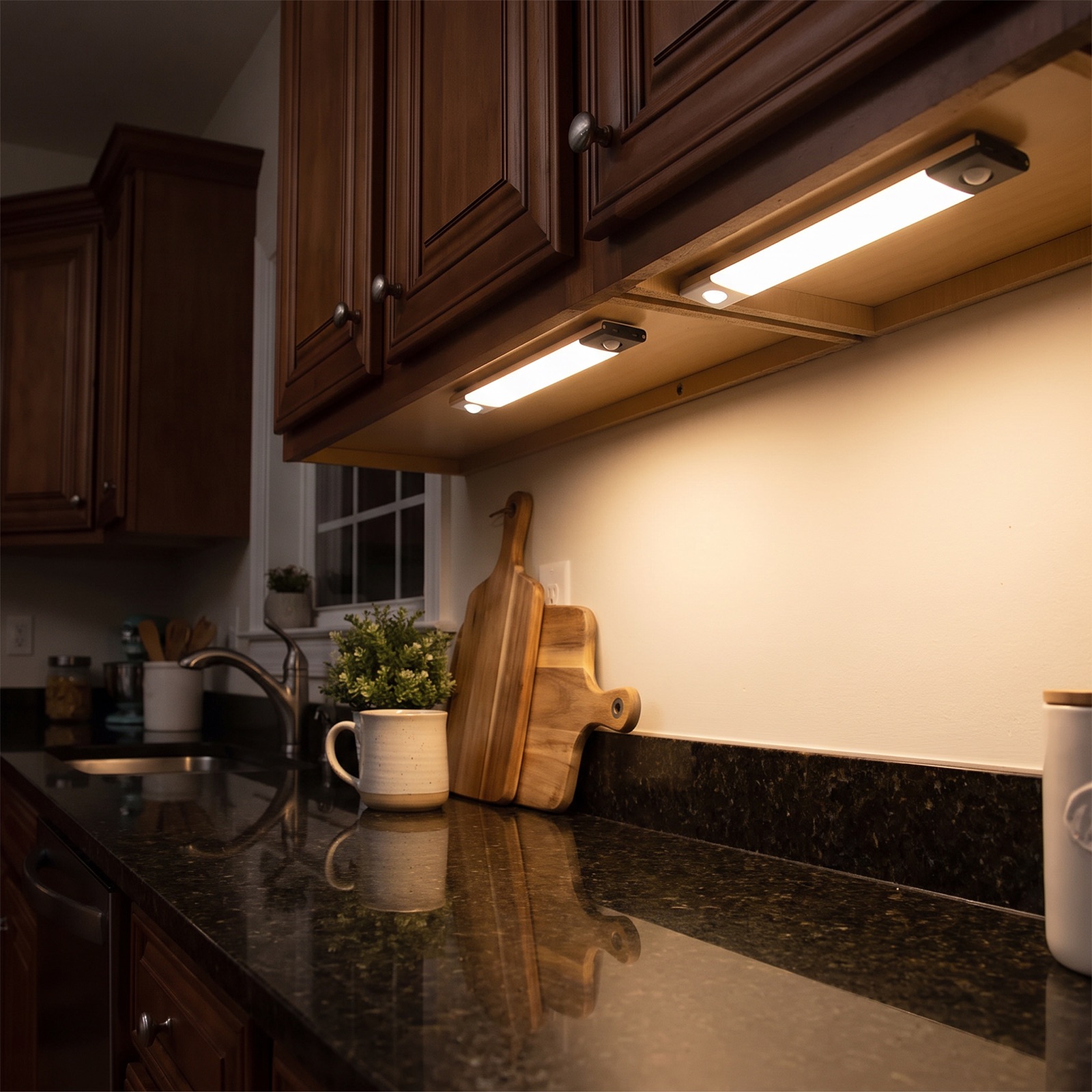 Motion activated cabinet light glowing over a kitchen counter at night