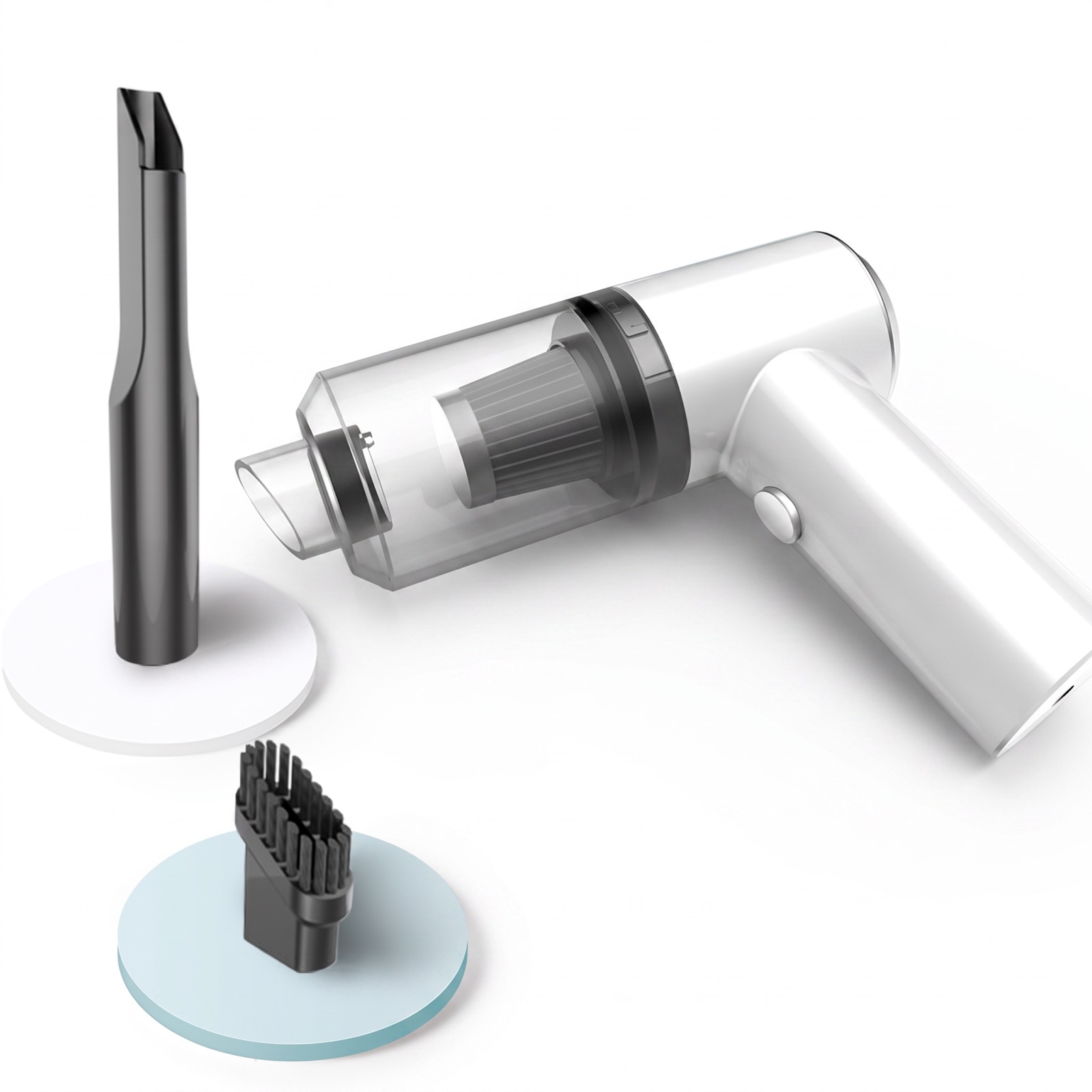 Cordless car vacuum with crevice and brush attachments